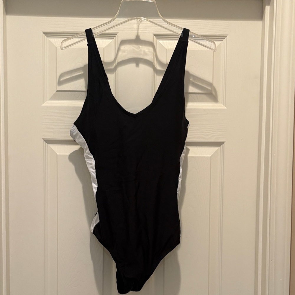 Black One-Piece Swimsuit with White Side Panels